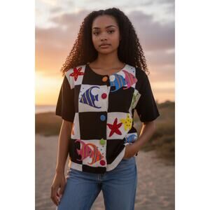 No Brand Quilted‎ & Emb. Fish Button Up Cropped Sweater Y2K Checkerboard SZ L